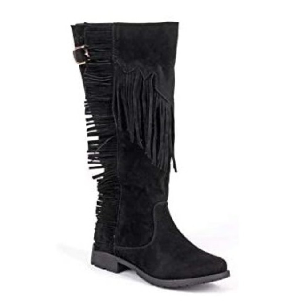 2FOR$30 - NWOB Vegan Suede Side Zip Fringe Black Knee Boot